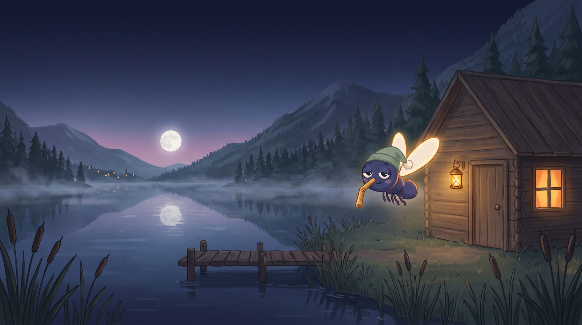 Eine kleine Holzhütte am Bergsee in der Dämmerung. Der Vollmond spiegelt sich im Wasser, neben der Laterne schwebt Mygge, eine kleine runde Stechmücke mit Schlafmütze und leuchtenden Flügeln.